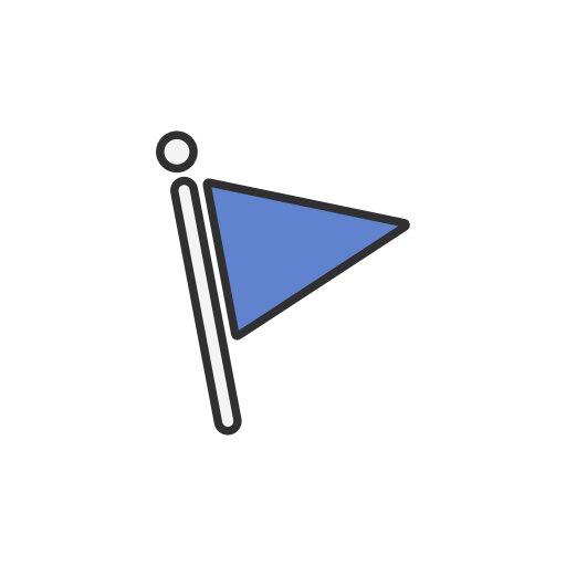 A simple illustration of a blue triangular flag attached to a gray pole with a small circular finial on top, set against a white background.