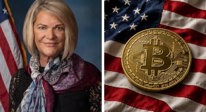 The image shows Senator Cynthia Lummis alongside a Bitcoin token placed on an American flag, visually connecting her advocacy for the CLARITY Act, which aims to provide regulatory clarity for digital assets and crypto markets in the U.S.