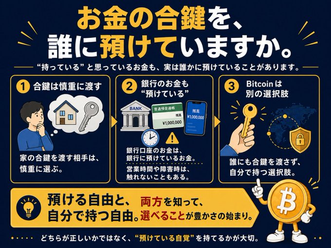 This infographic visually contrasts entrusting house keys, trusting banks with money, and holding Bitcoin as a choice where you don't entrust your keys to anyone. It highlights the concept of freely choosing who to entrust with your assets, suggesting that Bitcoin offers self-custody.