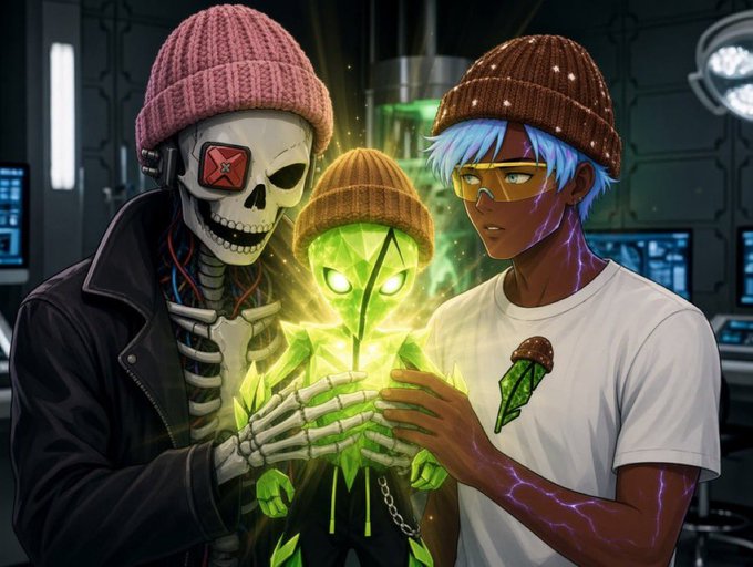 A vibrant digital artwork featuring a skeleton in a pink beanie, a glowing green crystalline figure in a yellow beanie, and a brown-skinned character with blue hair and yellow goggles, all wearing beanies in a sci-fi setting.