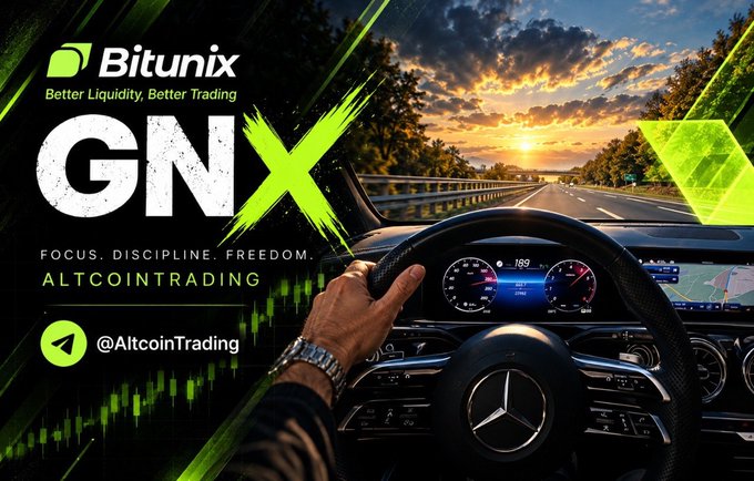 A promotional banner for 'Bitunix GNX' altcoin trading featuring 'Better Liquidity, Better Trading' tagline, the handle @AltcoinTrading, and imagery of hands on a Mercedes steering wheel with a sunset highway background.