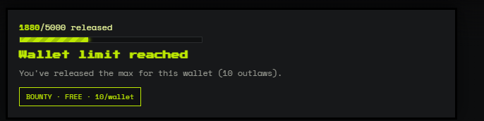 The image shows a wallet interface displaying "1880/5000 released" with a progress bar and a warning stating "Wallet limit reached," along with the message "BOUNTY . FREE . 10/wallet." This visually illustrates the poster's complaint about free mints being rapidly claimed—1,880 out of 5,000 in just 5 minutes—forcing a per-wallet cap of 10, which the user attributes to bot activity common in many crypto project launches.