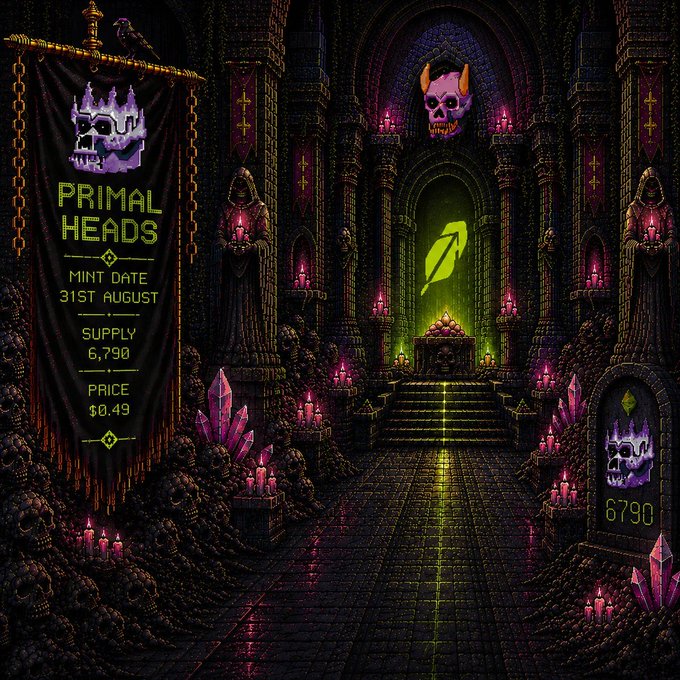 A pixel-art promotional banner for "PRIMAL HEADS" NFT mint on 31st August, with a supply of 6,790 and price of $0.49, set in a dark gothic cathedral with a green glowing leaf at the altar.