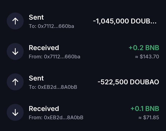 Crypto transaction history showing sent/received transactions including -1,045,000 DOUB, +0.2 BNB (~$143.70), -522,500 DOUBAO, and +0.1 BNB (~$71.85) between wallet addresses 0x7112...660ba and 0xEB2d...8A0bB.