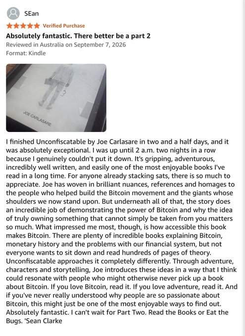 A 5-star Amazon review by Sean from Australia for 'Unconfiscatable' by Joe Carlasare, praising the book as gripping and adventurous while exploring Bitcoin themes.