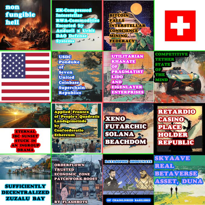A 4x4 grid collage features chaotic AI-generated images overlaid with meme-like text about crypto and absurdist topics, including phrases like 'non fungible hell,' 'BITCOIN FALLS,' and 'USDC Ponduke of Seven United Coinbase Superchain Republic.'