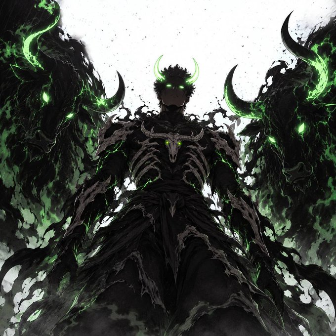 A dark, ominous anime-style illustration depicts a horned, winged demonic figure with glowing green eyes and emerald energy radiating through its shadowy, tattered wings and armor—evoking a powerful, bullish aura that complements the "good morning $ANSEM bulls" sentiment.