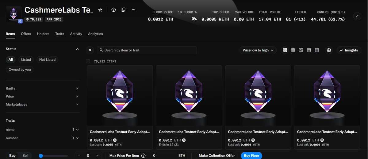 A screenshot of an NFT marketplace showing the CashmereLabs Testnet Early Adopter collection with 70,292 items, a floor price of 0.0012 ETH, and a 24H volume of 0.00 ETH, displaying several purple crystal-shaped NFTs.