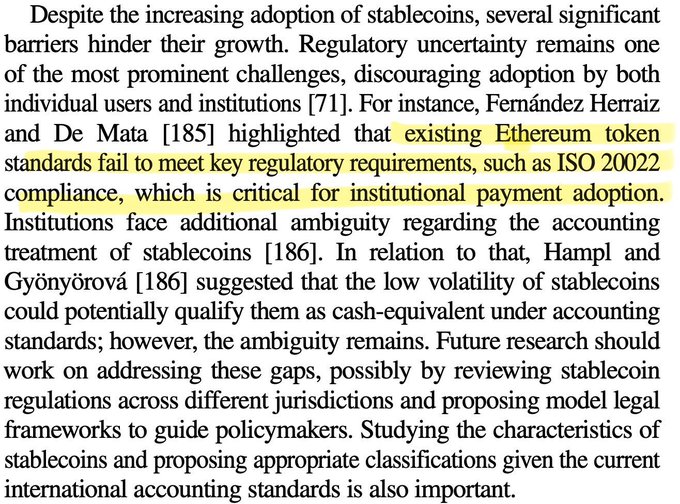 A highlighted text excerpt from an academic paper discusses how "existing Ethereum token standards fail to meet key regulatory requirements, such as ISO 20022 compliance, which is critical for institutional payment adoption," supporting the post's claim about Ethereum's failure to meet the ISO 20022 standard.