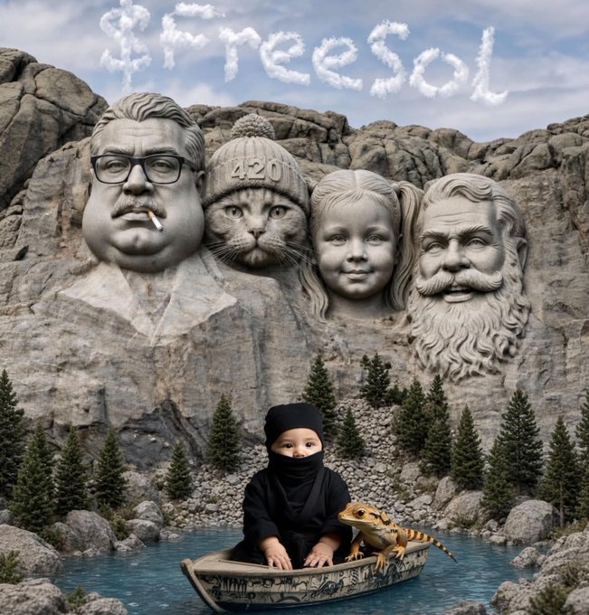 A surreal composite image shows a child in a ski mask in a graffiti-covered boat on water with a bearded dragon, set against Mount Rushmore reimagined with a man smoking, a cat wearing a '420' beanie, a young girl, and a bearded man, with '#TneeSol' written in clouds above.