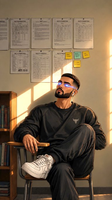 An illustrated man wearing glowing blue sunglasses sits in a chair with headphones, surrounded by documents on a wall.