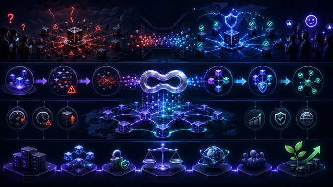 Abstract digital illustration depicting blockchain technology, cybersecurity, and decentralized networks with glowing icons including locks, scales of justice, and data centers.