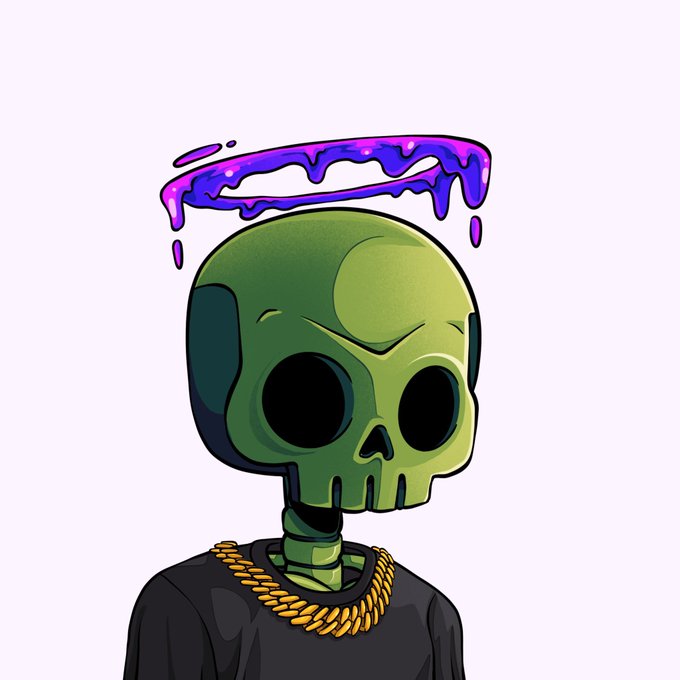 A cartoon illustration features a green skull with large black eyes wearing a black shirt and gold chain, with a floating purple cosmic halo above its head.