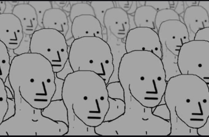 A meme image showing a crowd of identical gray cartoon faces with simple dot eyes and a flat line for a mouth, all with the same blank expression.