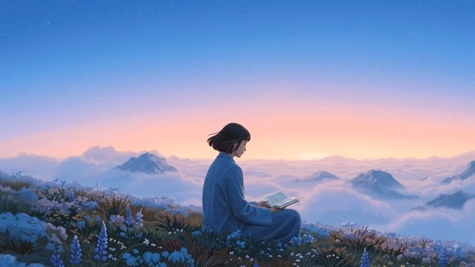 A digital illustration of a person sitting in a field of flowers reading a book, overlooking a sea of clouds and mountains at sunset.