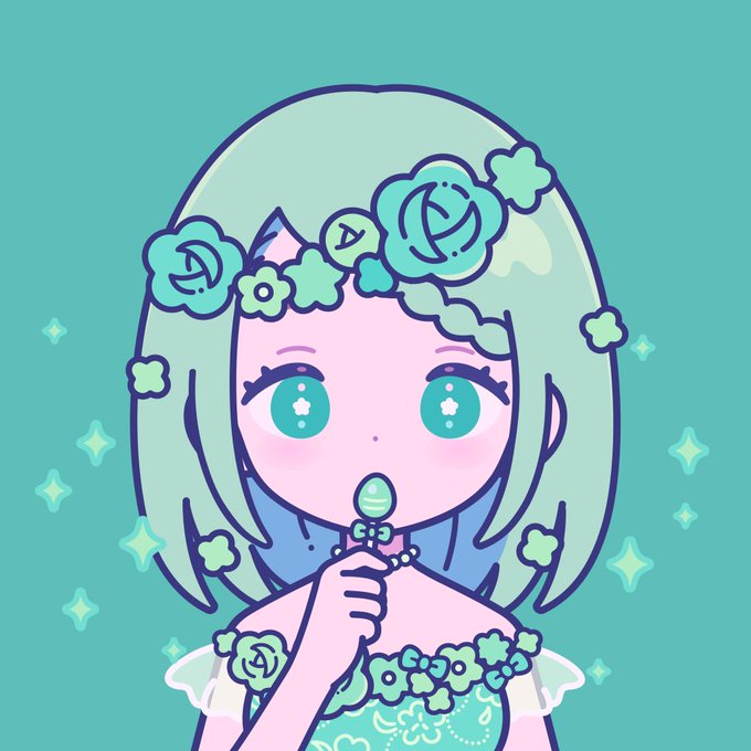 A cute cartoon illustration of a girl with mint green hair wearing a floral crown and dress, holding a green lollipop with sparkle effects on a teal background.