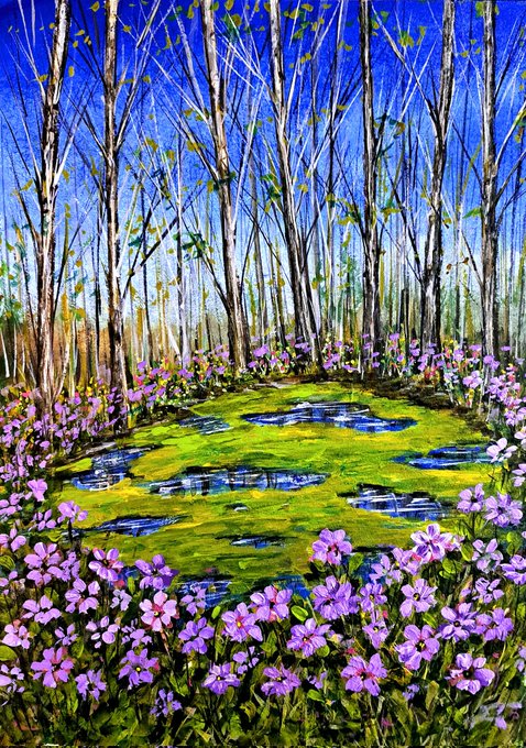 Vibrant acrylic painting of a forest clearing with tall, slender trees, purple flowers in the foreground, and bright green grass with blue reflective puddles under a blue sky.
