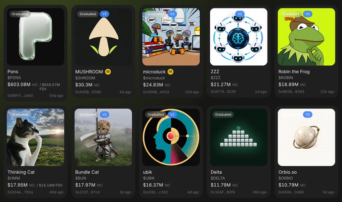 A grid of cryptocurrency token cards showing meme coins including Pons ($PONS, $603.08M MC), MUSHROOM ($SHROOM, $30.3M MC), microduck, ZZZ, Robin the Frog ($SROBIN, $18.89M MC), Thinking Cat, Bundle Cat, ubik, Delta, and Orb.io.so.