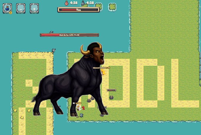 Pixel game screenshot featuring a large black bull with horns labeled 'Yee' on a green field, with a health bar showing 'Yee' and 'Black Bull Yee 2,000 (7%) 100' and various small characters below.