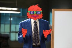 A short, animated clip of a red, furry character wearing a blue business suit, tie, and digital sunglasses, standing in an office setting.