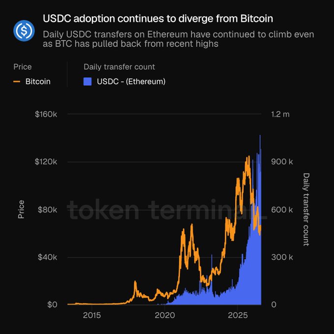 A chart titled 'USDC adoption continues to diverge from Bitcoin' showing Bitcoin price in orange and daily USDC transfer count on Ethereum in blue from 2015 to 2025, watermarked with 'token terminal'.