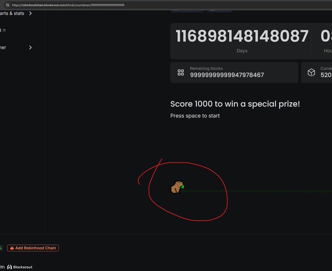 A dark-themed webpage (Robinhood Chain Blockscout) displays a countdown timer with 116898148148087 Days, the text 'Score 1000 to win a special prize!', and a small squirrel icon circled in red.