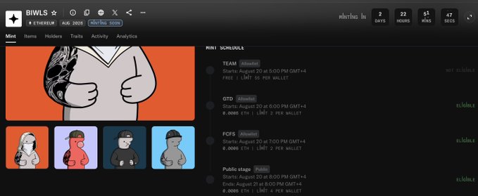 The image shows a dashboard for the BiWls NFT project with mint schedules listed, including TEAM minting on August 20 at 5:00 PM GMT+4, GTD minting on August 20 at 6:00 PM GMT+4, and FCFS minting on August 20 at 7:00 PM GMT+4, with a countdown timer showing 2 days, 22 hours, 51 minutes, and 47 seconds remaining. The post references the GTD (guaranteed) mint phase and concerns about potential bot activity during the mint process, which directly relates to the upcoming GTD mint scheduled in the dashboard.