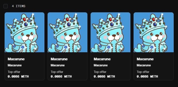 A digital marketplace listing showing four identical NFT items featuring a cartoon king character named 'Macarune' with a top offer of 0.0086 WETH each.