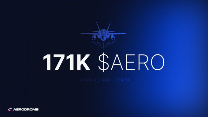 A dark blue graphic displays the text "171K $AERO" with "ACQUIRED AND LOCKED" beneath it, accompanied by a fighter jet emblem and the Aerodrome logo, visually representing the PGF's market-aware buyback of 171K AERO tokens.