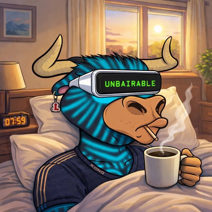A cartoon blue bull with "UNBAIRABLE" displayed on its digital visor sits in bed enjoying a coffee and cigarette at 07:59, embodying the confident, unshakable bullish vibe of a "Gm gm bulls" morning greeting.