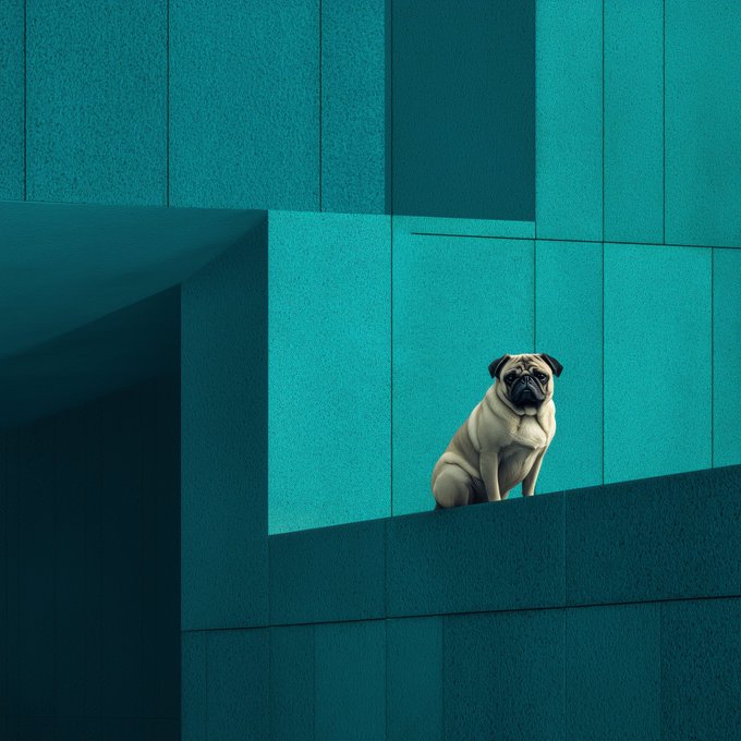 A pug sitting alone on a ledge against a teal-colored geometric building facade.