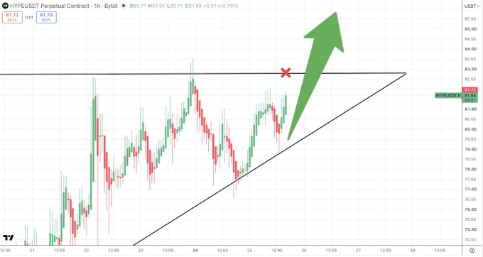 A TradingView chart of the HYPE/USDT Perpetual Contract on Bybit shows a symmetrical triangle pattern nearing its apex at $81.68, with a red 'X' marking the imminent breakout point, and a large green arrow projecting a significant upside move into price discovery.