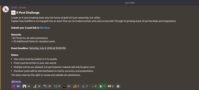 The image shows a Discord announcement from the "DAIYE" channel (timestamped July 2, 2026, 10:04 PM) detailing the "X Post Challenge," which invites users to submit an X post explaining how Goldfish ($goldfishggbr) is transforming gold into a tradable onchain asset with DeFi utility through its partnerships. The challenge offers 50 Points for valid submissions (+20 bonus for standout posts) and was due by Saturday, July 4, 2026 at 10:00 PM.