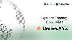 The image displays a slide titled "Options Trading Integration" featuring SMAT x OnTheGEO and Derive.XYZ logos, with a faint world map graphic on the left. The slide appears to be a title card for a tutorial or demo about connecting to Derive.XYZ, matching the post's mention of "A quick demo to get you started."