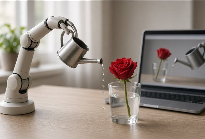 A robotic arm with a metal watering can pours water onto a single red rose in a clear glass, with a laptop displaying the same scene in the background.
