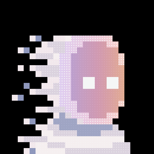 A pixel art illustration depicts a glitching, dissolving figure with a gradient pink and purple face and empty white eyes, with pixel fragments trailing off to the left against a black background.