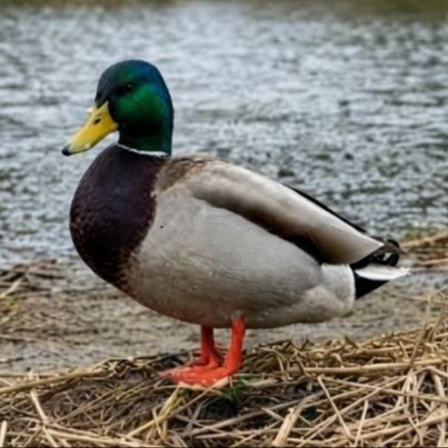 A mallard duck stands on a bed of straw near water, humorously referenced as the inspiration for the fictional TikTok character Figgleton Bonquavius behind the $Figgleton Solana meme coin.