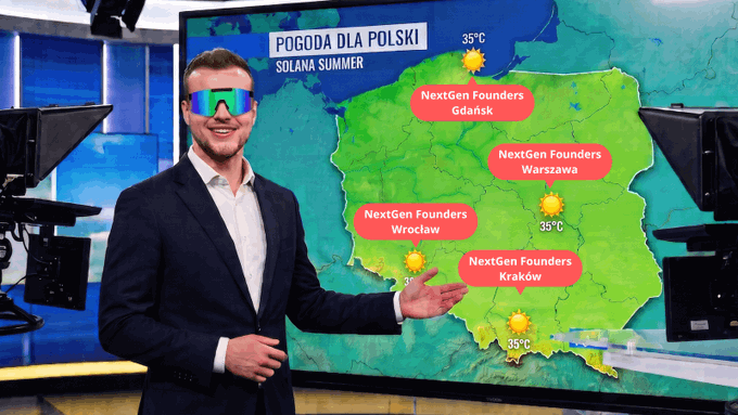 A man in a suit wearing ski goggles stands in a TV studio presenting a weather map of Poland titled 'POGODA DLA POLSKI - SOLANA SUMMER,' marking sunny 35°C forecasts in cities hosting 'NextGen Founders' events.