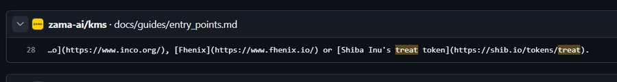 A code snippet from the GitHub repository 'zama-ai/kms-docs/guides/entry_points.md' showing links for Fhenix and Shiba Inu's 'treat' token at https://shib.io/tokens/treat.