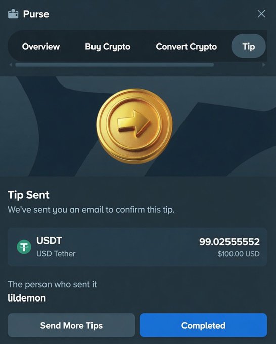 A confirmation screen from Purse showing a $100 USDT (99.02555552 USD Tether) tip successfully sent to user "lildemon" via the Tip feature. The image supports the post by providing visual proof of the $100 crypto tip being distributed to a Stake user.