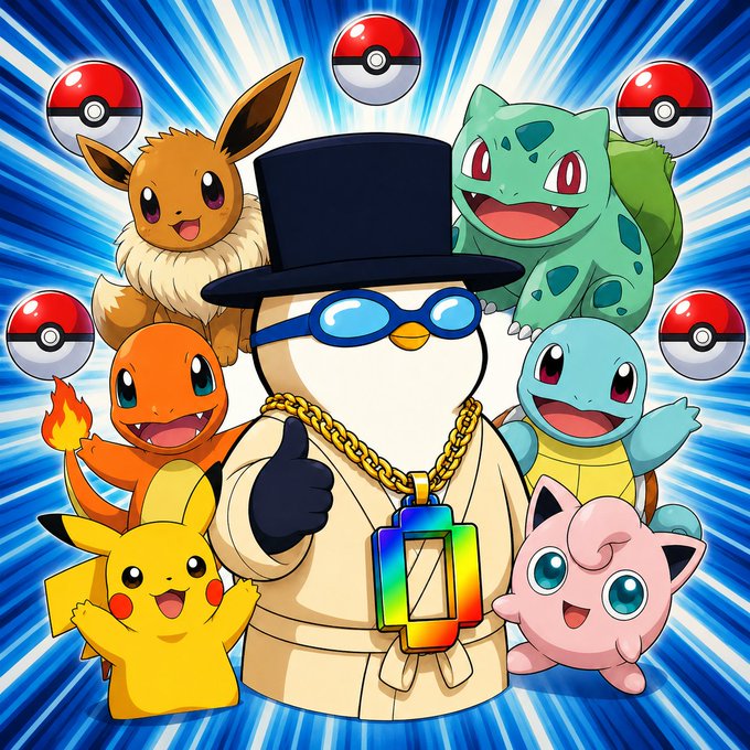 A vibrant illustration of a penguin wearing a top hat, sunglasses, gold chain, and a colorful NFT-style pendant, surrounded by Pokémon characters (Eevee, Bulbasaur, Charmander, Squirtle, Pikachu, Jigglypuff) and Poké Balls against a blue radial background.