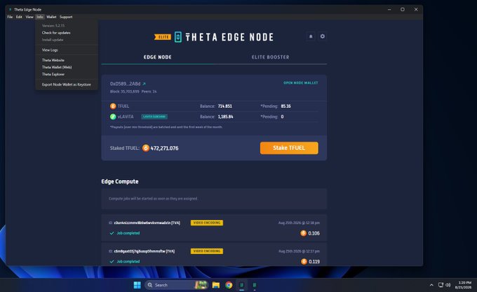 Screenshot of the 'Theta Edge Node' desktop application showing an 'EDGE NODE' dashboard with TFUEL and vFLAVOR balances, staked TFUEL of 472,271.076, and completed Edge Compute jobs.