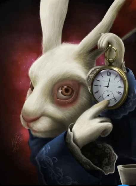 An illustration of a white rabbit with red eyes holding a pocket watch close to its ear, reminiscent of the White Rabbit from Alice in Wonderland.