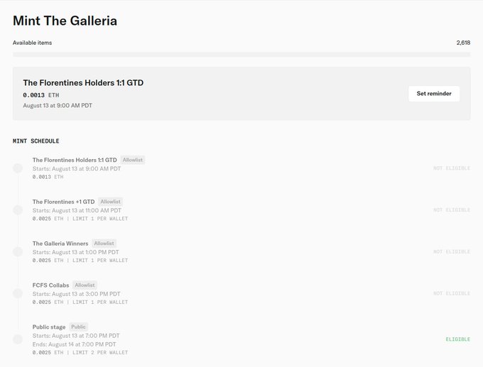 The webpage shows the "Mint The Galleria" schedule with 2,618 available items, listing various mint phases including "The Florentines Holders 1:1 GTD" (0.0013 ETH), "The Galleria Winners" allowlist (0.0025 ETH, 1 per wallet), and a public stage (0.0025 ETH, 2 per wallet). Notably, the Galleria Winners mint status is marked as "NOT ELIGIBLE," which relates to the user's concern that winners' wallets haven't been added yet, as they'd need to be on the allowlist to mint.
