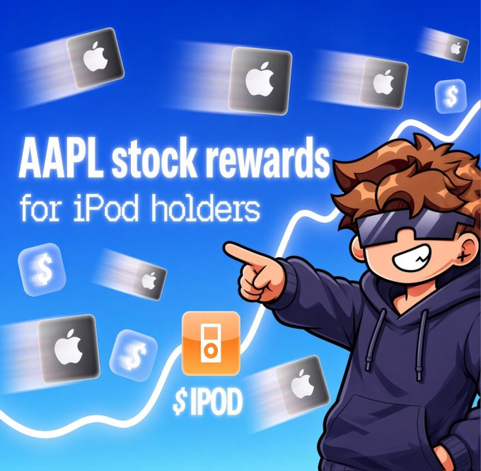 A cartoon character wearing futuristic sunglasses points excitedly at an orange "$IPOD" token icon surrounded by floating Apple logos and dollar signs, with bold text reading "AAPL stock rewards for iPod holders." The image visually promotes the $IPOD crypto token by illustrating its core pitch: holding the token rewards users with $AAPL exposure, reinforced by floating Apple logos and dollar symbols suggesting payouts.