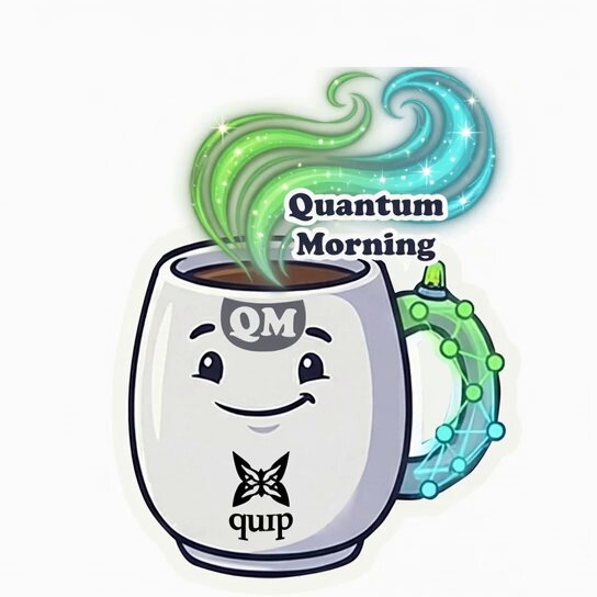 The image features a cartoon coffee cup with a smiley face, giving it a friendly appearance. The text "Quantum Morning" is written above the smiling face, possibly indicating that this coffee cup represents a morning routine or a connection to the concept of Quantum Mechanics. The caption below the image reads "@quipnetwork", which could be related to the projects being discussed in the post.