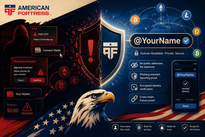 The image is a promotional graphic for "American Fortress," featuring a bald eagle, a US flag-themed shield logo with "AF," and contrasting panels depicting a phishing threat on the left (showing a "FAKE SITE" at https://unfswap.org, a suspicious "Transaction Request" with Reject/Confirm options, and a drained wallet showing $0.00 balance) versus a secure verified identity solution on the right (displaying "@YourName" with a verified checkmark, a "Send to" interface, and icons for Bitcoin, Litecoin, and Dogecoin). It visually reinforces the post's message about the critical verification gap in crypto exploits, contrasting unverified, easily impersonated wallets with American Fortress's human-readable, phishing-resistant identity verification across any chain.