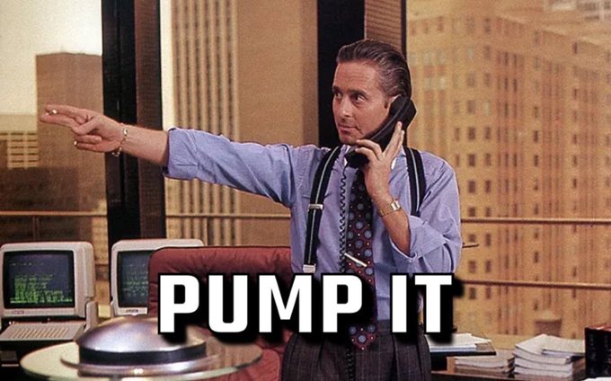 A man in suspenders and a tie (Gordon Gekko from *Wall Street*) points assertively while on a phone call in an office overlooking a cityscape, with bold text reading "PUMP IT" overlaid on the image. The meme uses Gekko's aggressive, deal-closing energy to humorously encourage bullish sentiment on Ethereum ($ETH), aligning with the post's claim that anticipated Fed rate cuts will fuel a crypto rally.