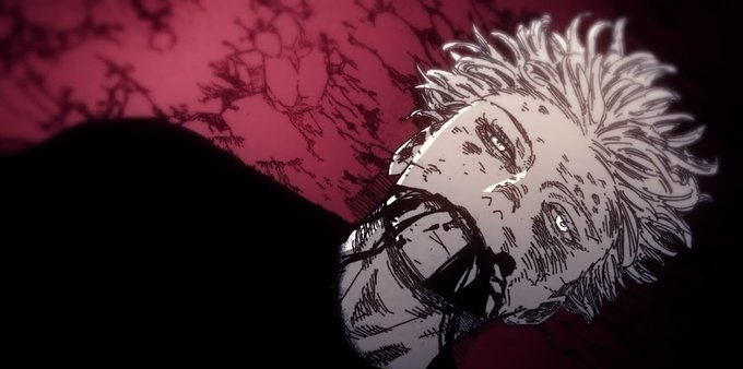 A dark, stylized anime illustration of a character with spiky light-colored hair looking upward against a cracked red background, with shadowy foreground elements.