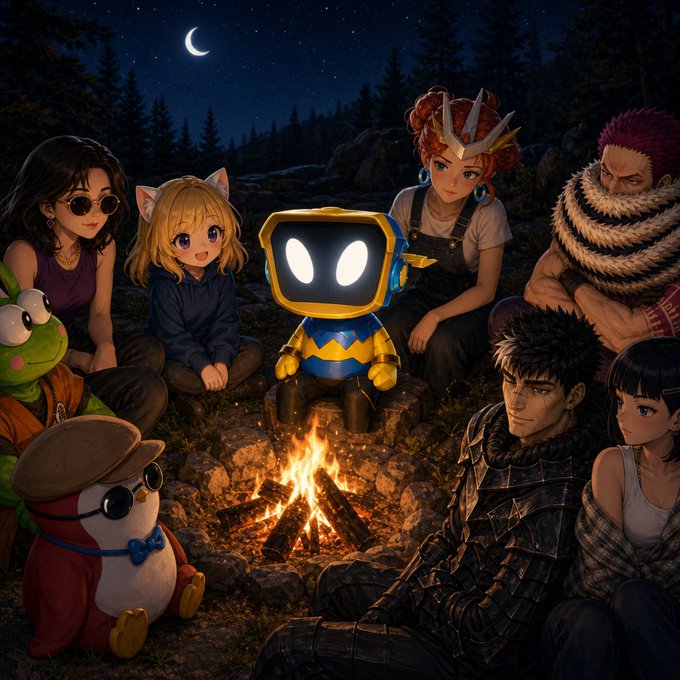 A diverse group of anime and gaming characters, including a Yordle, a robot, and figures resembling Guts and Vash, gather around a campfire under a starry night sky.

The image appears unrelated to the accompanying post about a "Blokyz" cryptocurrency airdrop and giveaway, as it depicts fictional characters around a fire rather than any blockchain, token, or financial content.